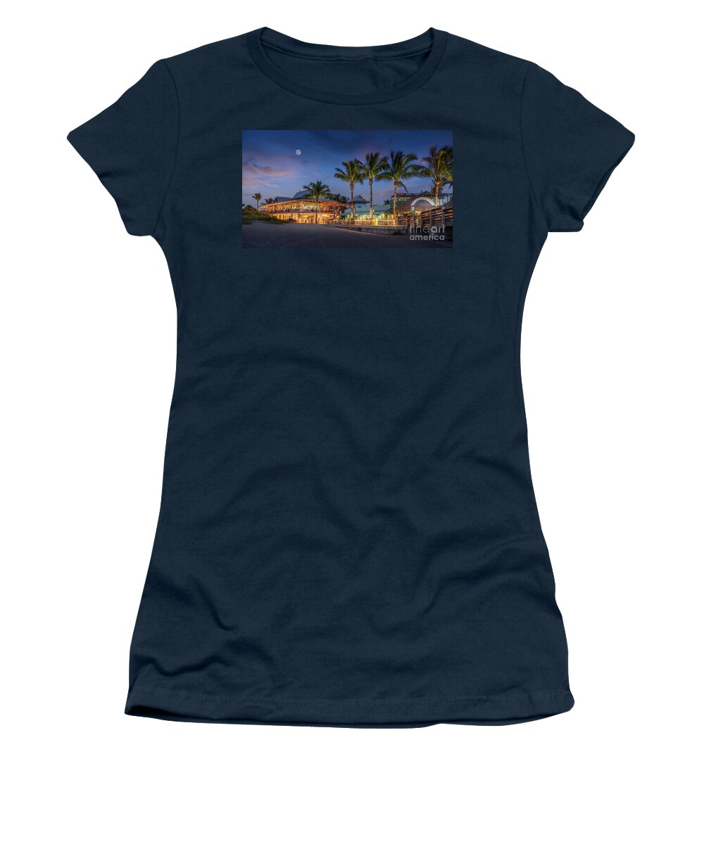 Blue Hour Women's T-Shirt featuring the photograph Moon Over Sharky's, Venice, Florida by Liesl Walsh