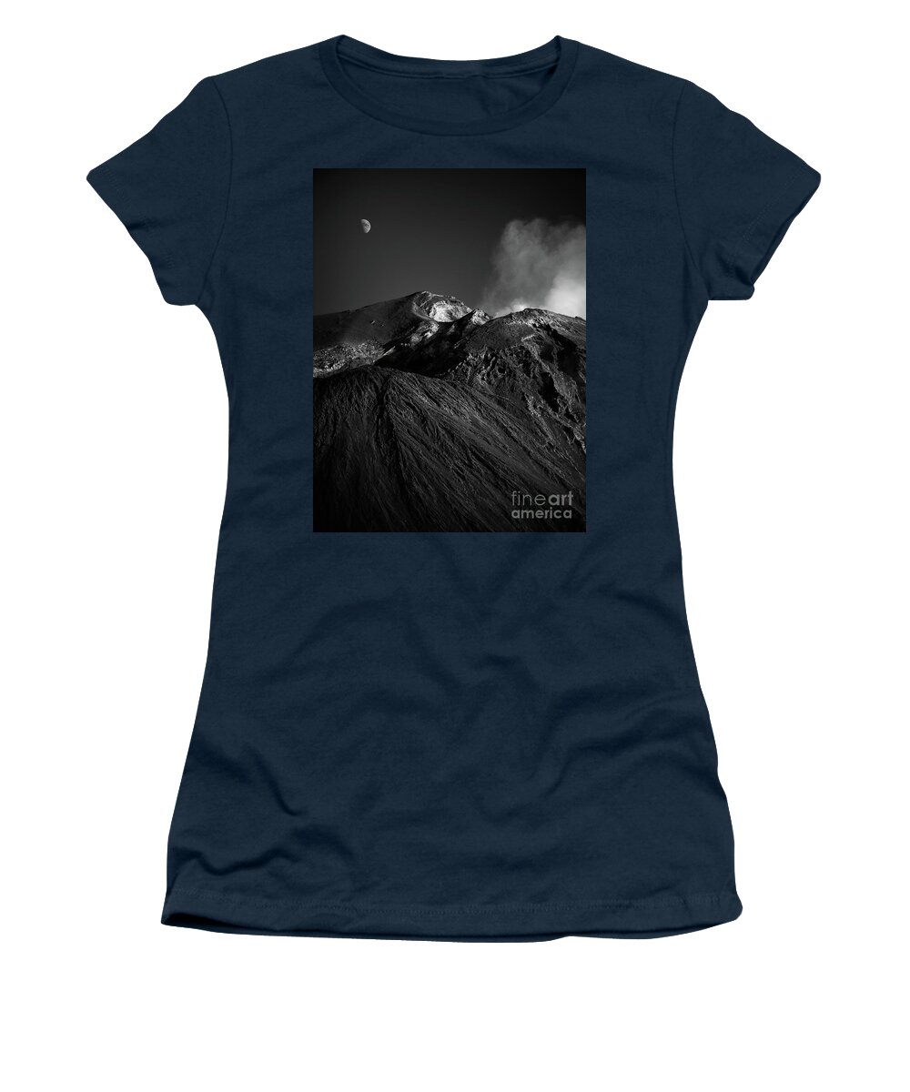 Stromboli Women's T-Shirt featuring the photograph Moon Over Stromboli by Doug Sturgess