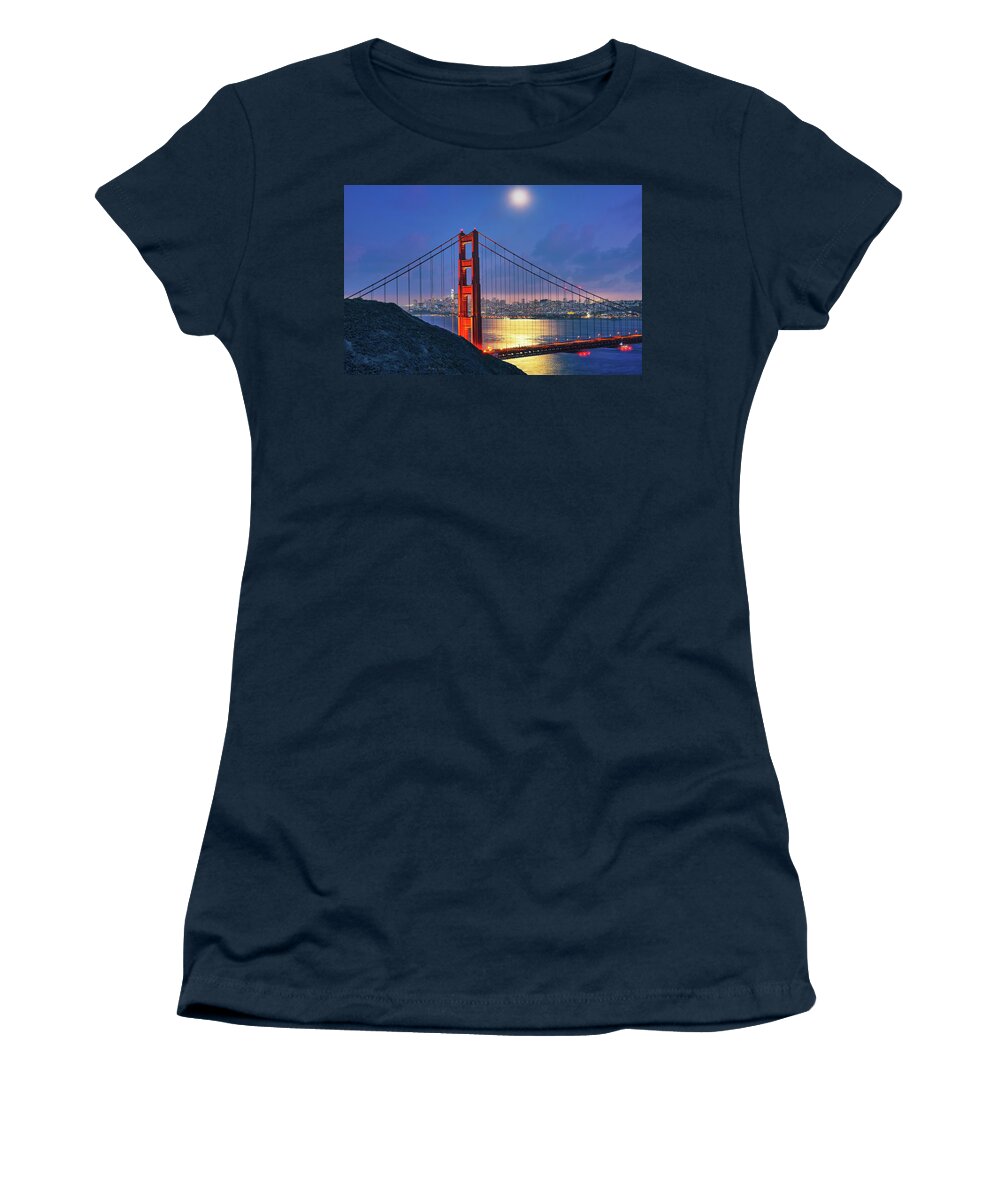 Night Women's T-Shirt featuring the photograph Moon Over The Golden Gate by Beth Sargent