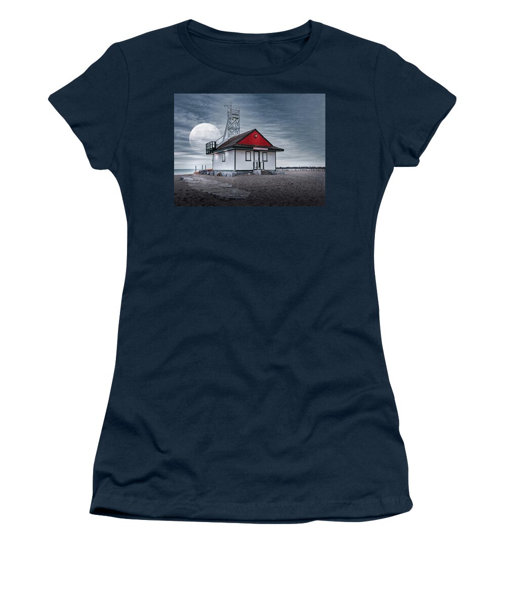 Leuty Lifeguard Station Women's T-Shirt featuring the photograph Moon Over the Lifeguard Station by Dee Potter
