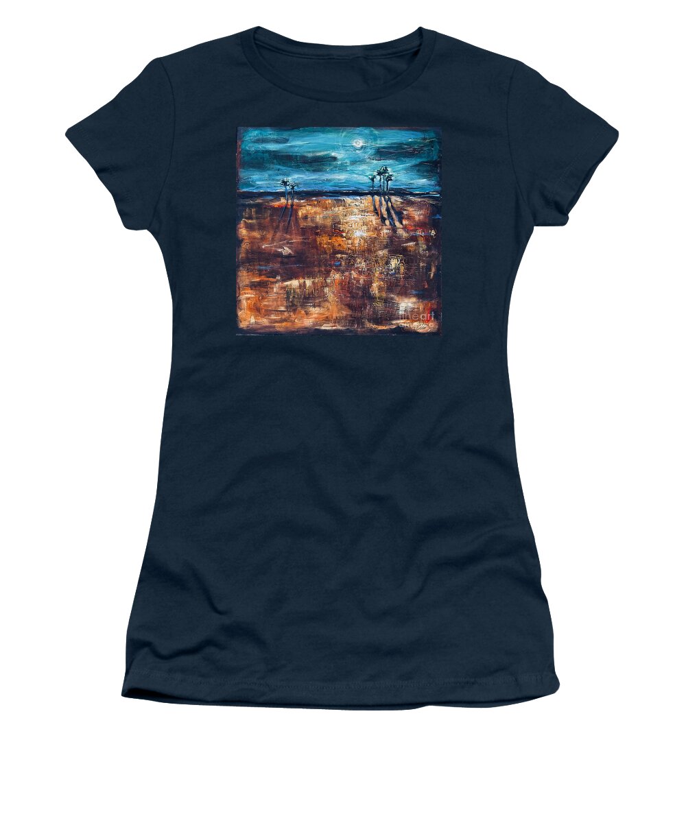 Southern Landscape Women's T-Shirt featuring the painting Moonlight Over Wetlands by Linda Olsen