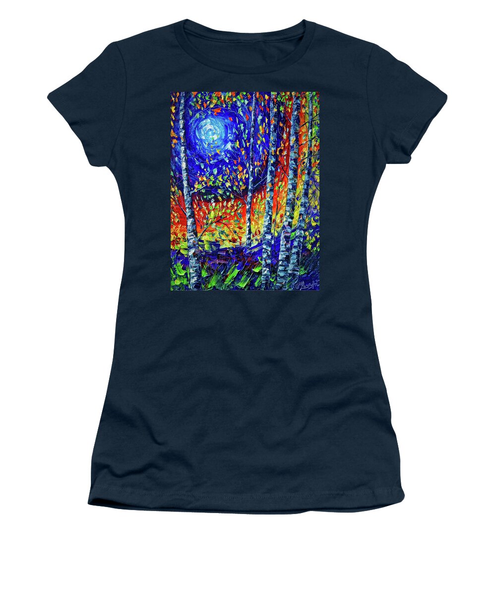 Moonlight Sonata Women's T-Shirt featuring the painting Moonlight Sonata With Aspen and Birch Trees - A Palette Knife Masterpiece by Lena Owens - OLena Art Vibrant Palette Knife and Graphic Design