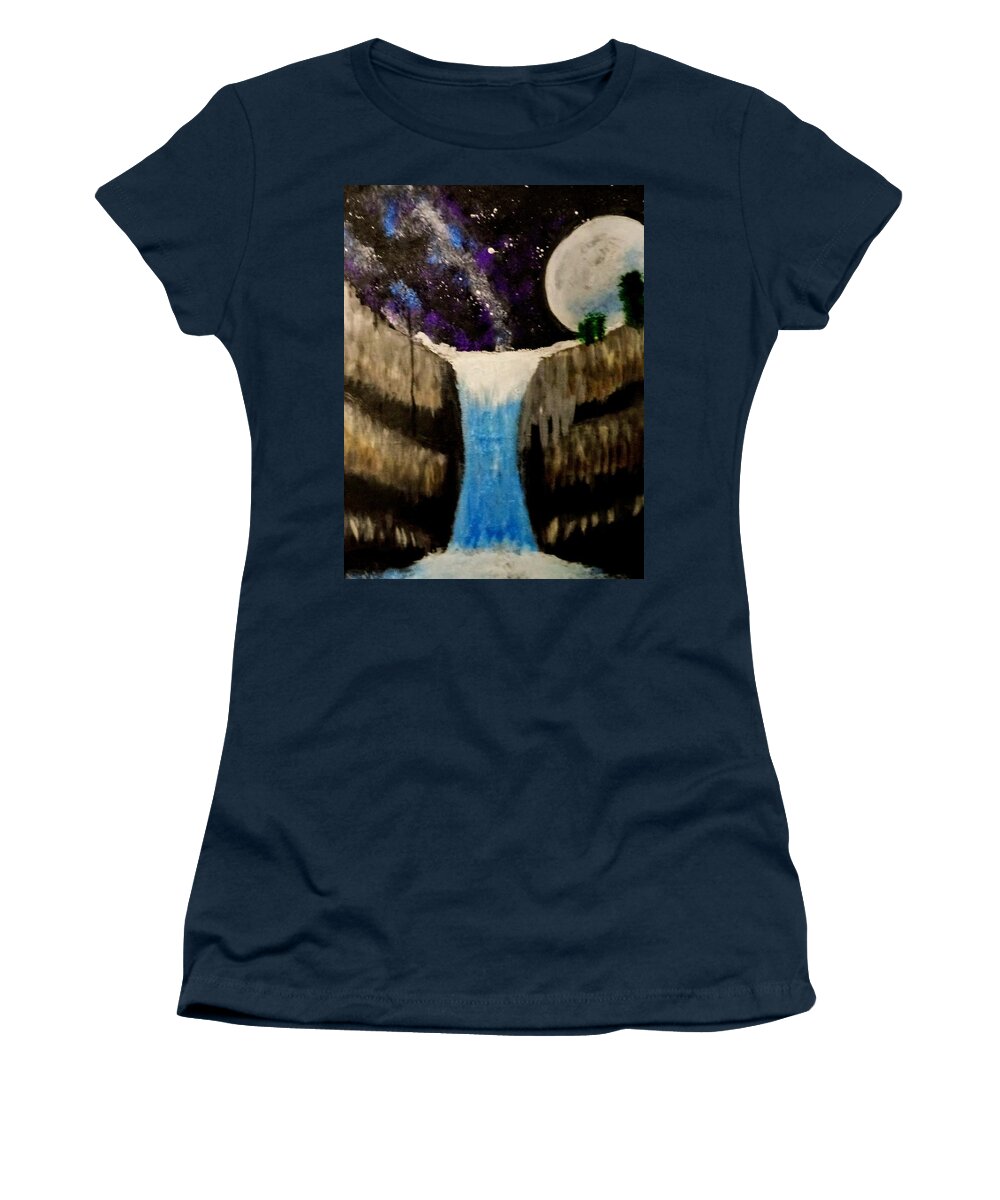 Moon Women's T-Shirt featuring the painting Moonlite Waterfall by Anna Adams