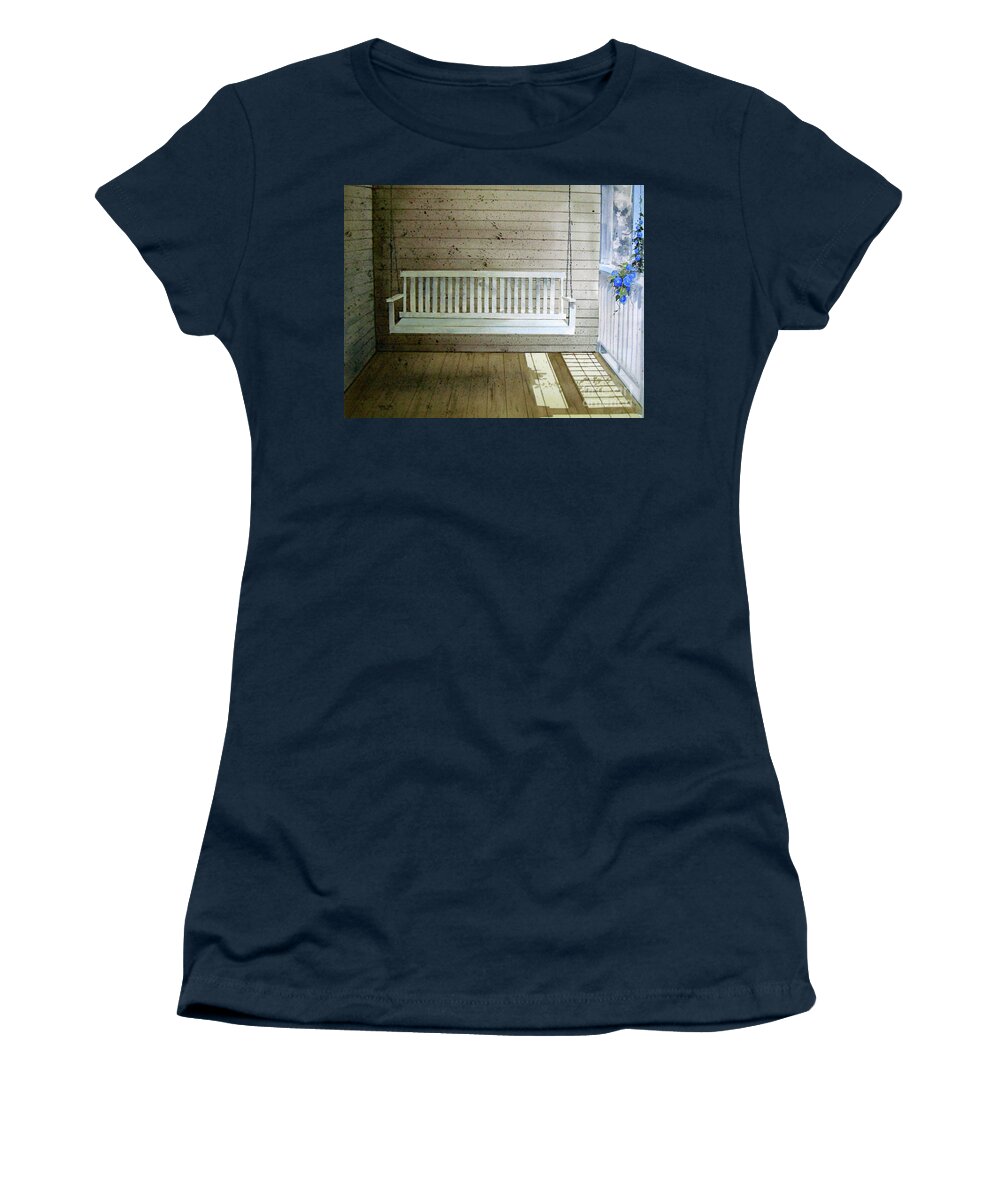 A White Porch Swing Is Illuminated By The Morning Sun Women's T-Shirt featuring the painting Morning Glory by Monte Toon
