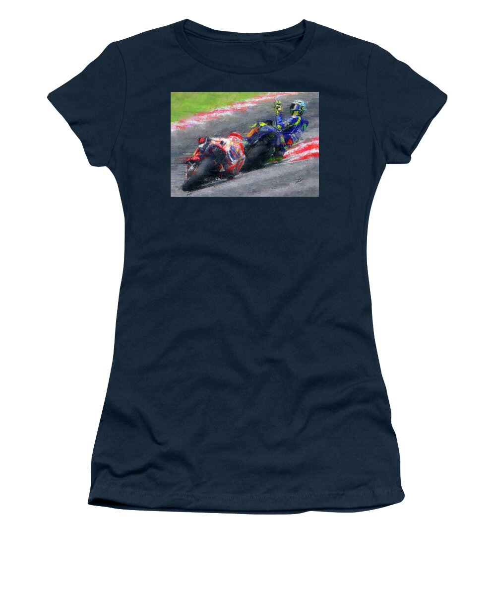Motorcycle Women's T-Shirt featuring the painting MOTO GP Rossi vs Marquez by Vart by Vart