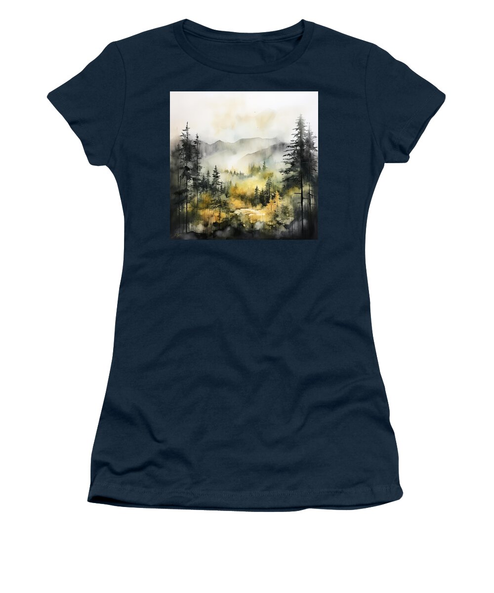 Evergreen Art Women's T-Shirt featuring the painting Nature's Palette - Pine Forests Paintings by Lourry Legarde