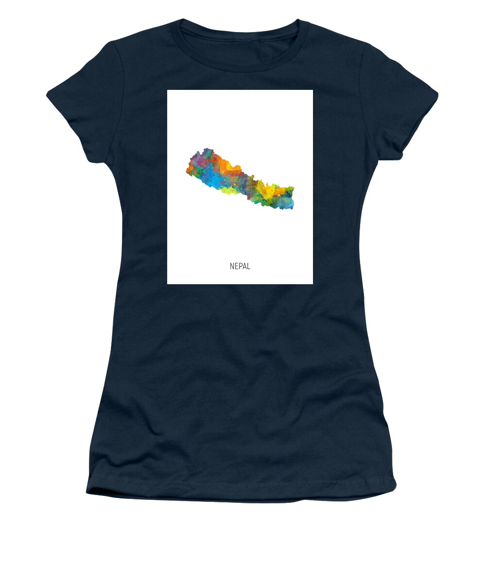 Nepal Women's T-Shirt featuring the digital art Nepal Watercolor Map by Michael Tompsett