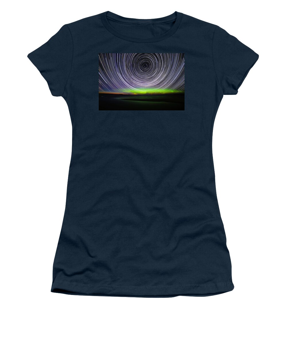 Northern Lights Women's T-Shirt featuring the photograph Northern Lights with Star Trails by Shixing Wen