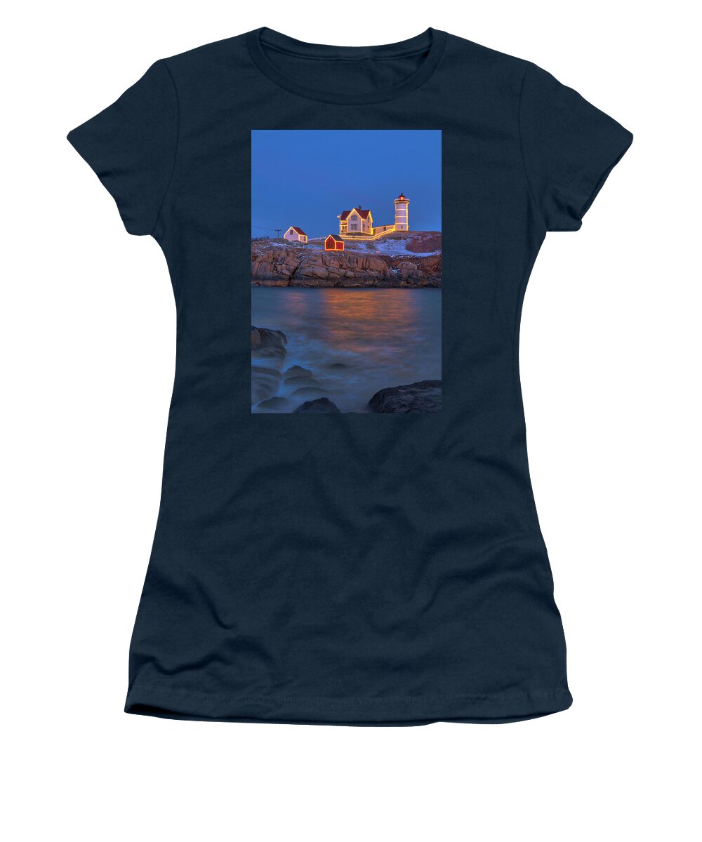 Nubble Lighthouse Women's T-Shirt featuring the photograph Nubble Lighthouse with Holidays Decoration by Juergen Roth