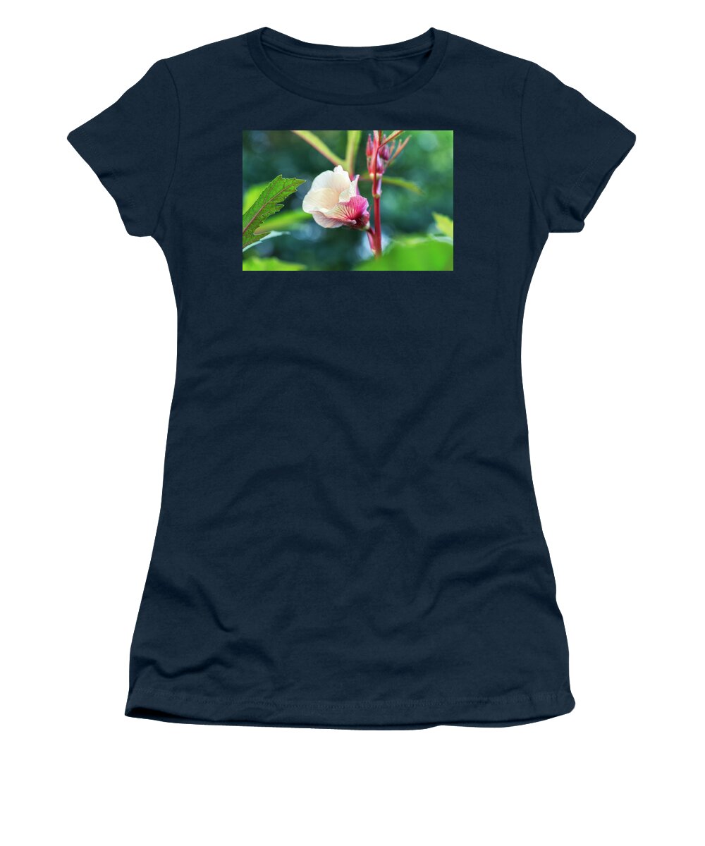 Macro Women's T-Shirt featuring the photograph Okra Flower Close Up by Marianne Campolongo