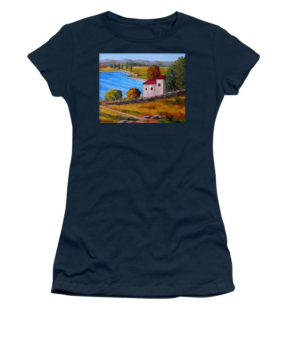 Landscapes Originals Acrylic Prints Canvas Prints Framed Prints Art Prints Houses Mani-greece Peloponiss� Greece Impressionism Greeting Cards Trees Autumn Country Paintings Women's T-Shirt featuring the painting Old house in Mani-Greece by Konstantinos Charalampopoulos