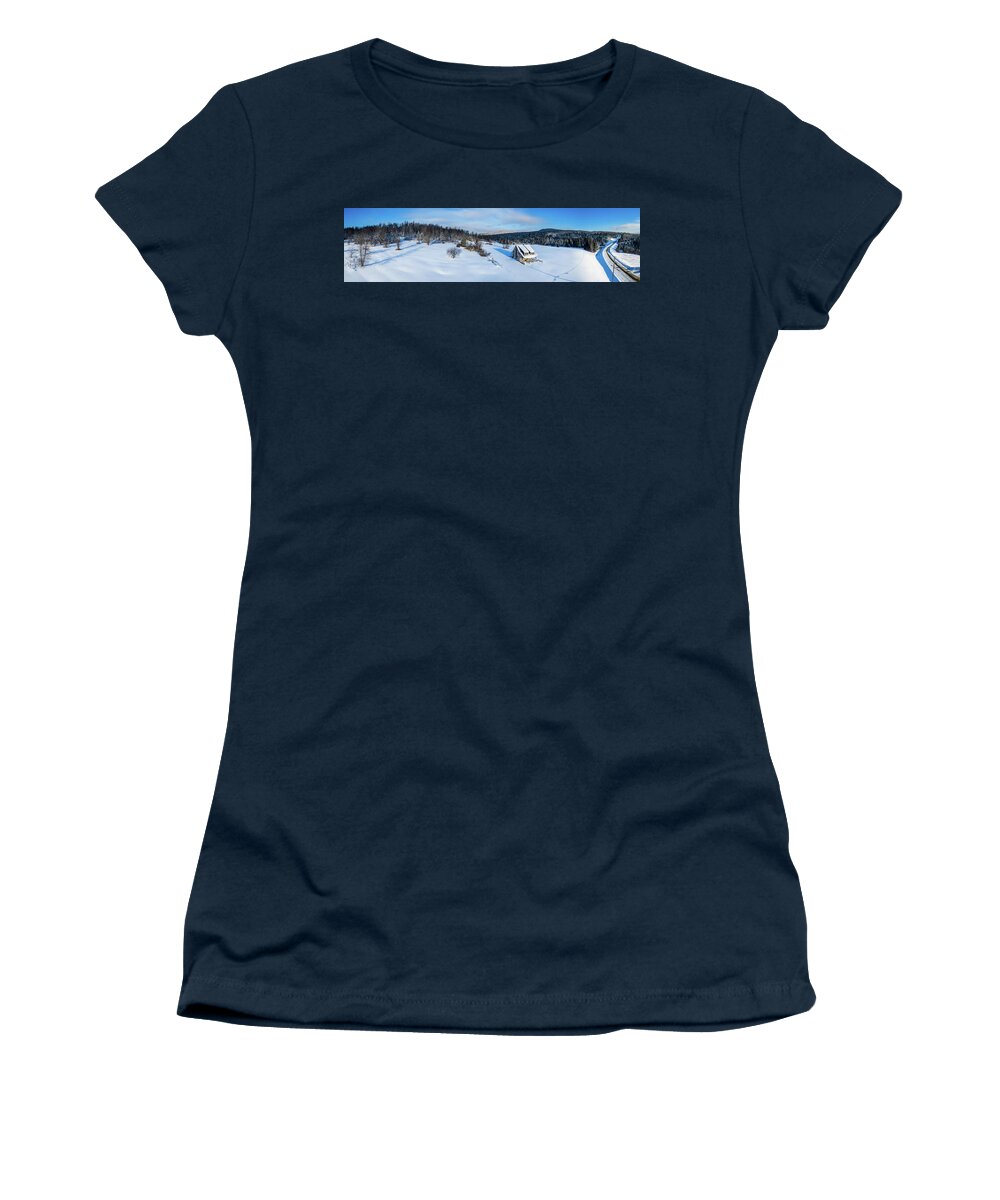 America Women's T-Shirt featuring the photograph Old House in Pittsburg, New Hampshire Winter Snow and Blue Sky Panorama by John Rowe