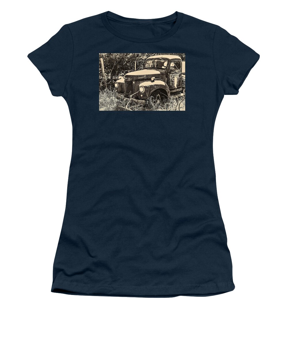 Old Truck Vehicle B&w.sepia Women's T-Shirt featuring the photograph Old Truck by John Linnemeyer