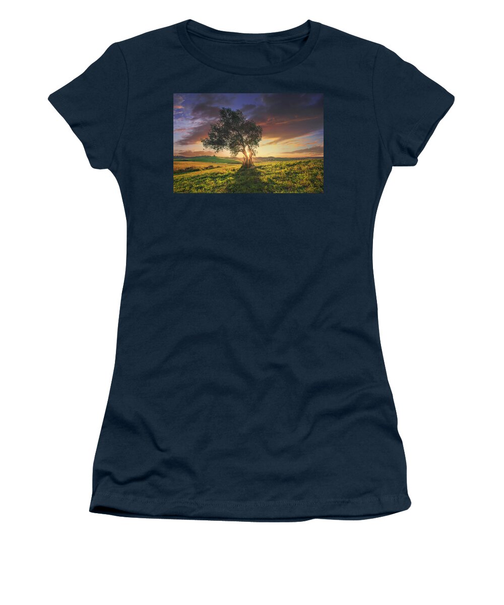 Olive Women's T-Shirt featuring the photograph Olive tree at sunset. Tuscany by Stefano Orazzini