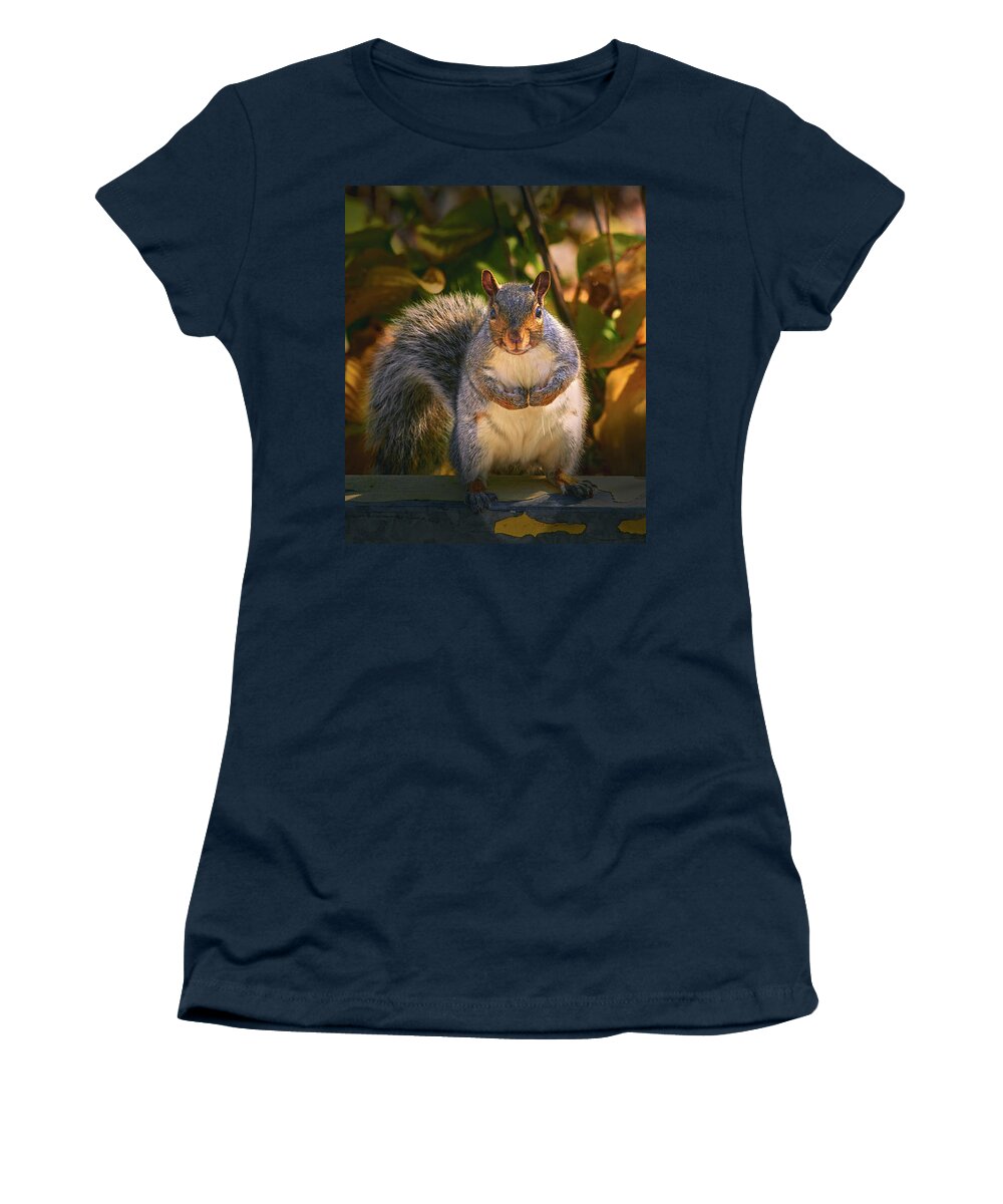 One Gray Squirrel Women's T-Shirt featuring the photograph One Gray Squirrel by Bob Orsillo