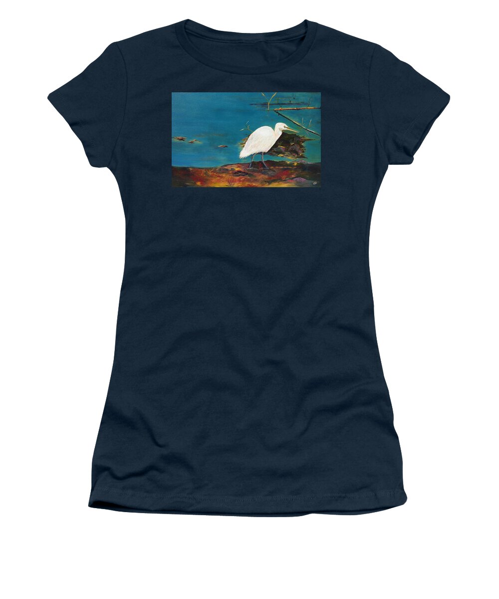 Egret Women's T-Shirt featuring the painting One With Nature by Kim Shuckhart Gunns