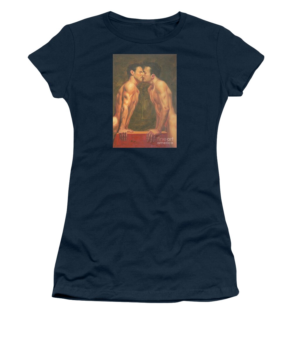 Art Women's T-Shirt featuring the painting Original Oil Painting Gay Body Man Art Male Nude On Canvas#16-2-5-07 by Hongtao Huang