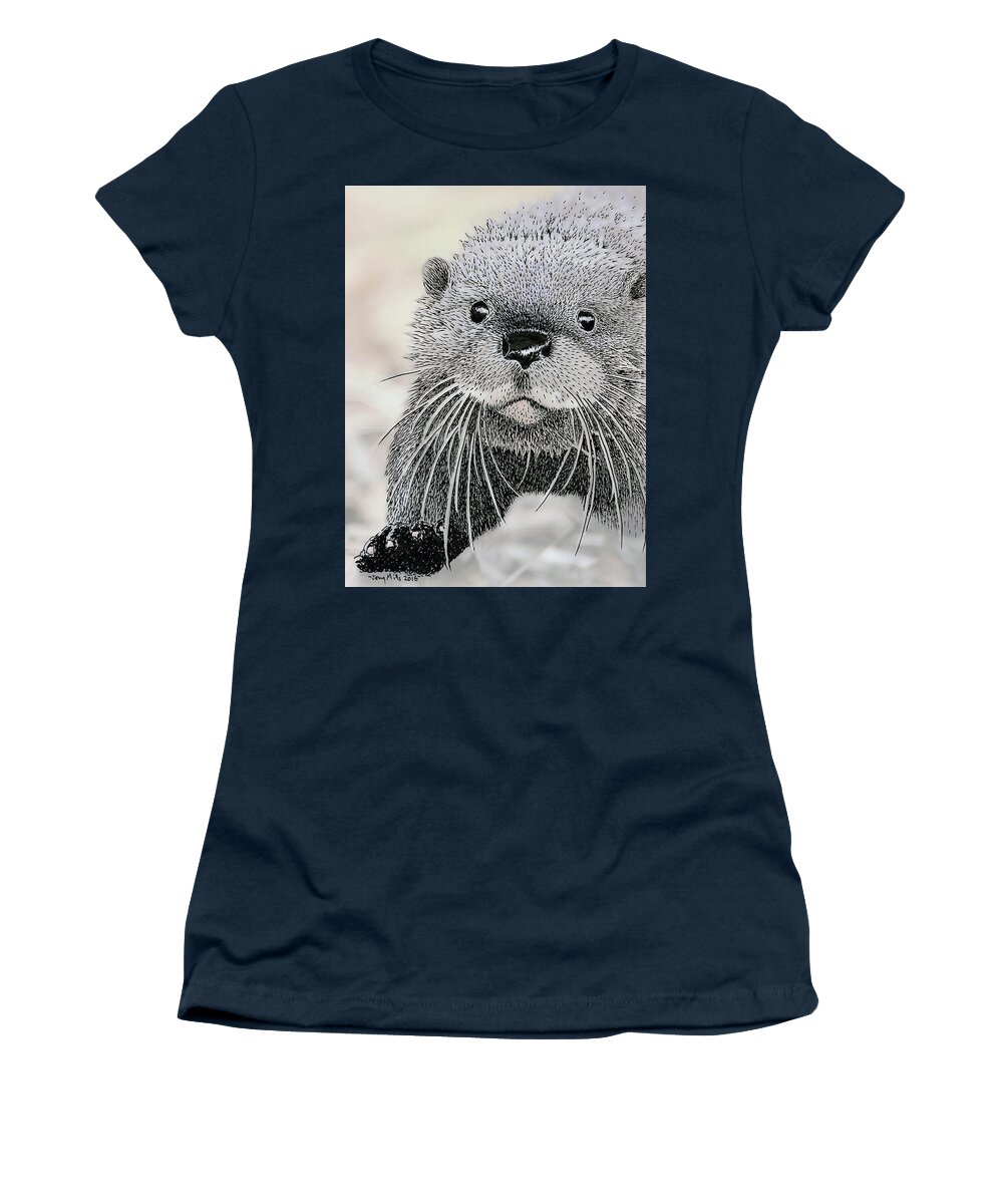 Otter Women's T-Shirt featuring the mixed media Otter approaching, mixed media. by Tony Mills