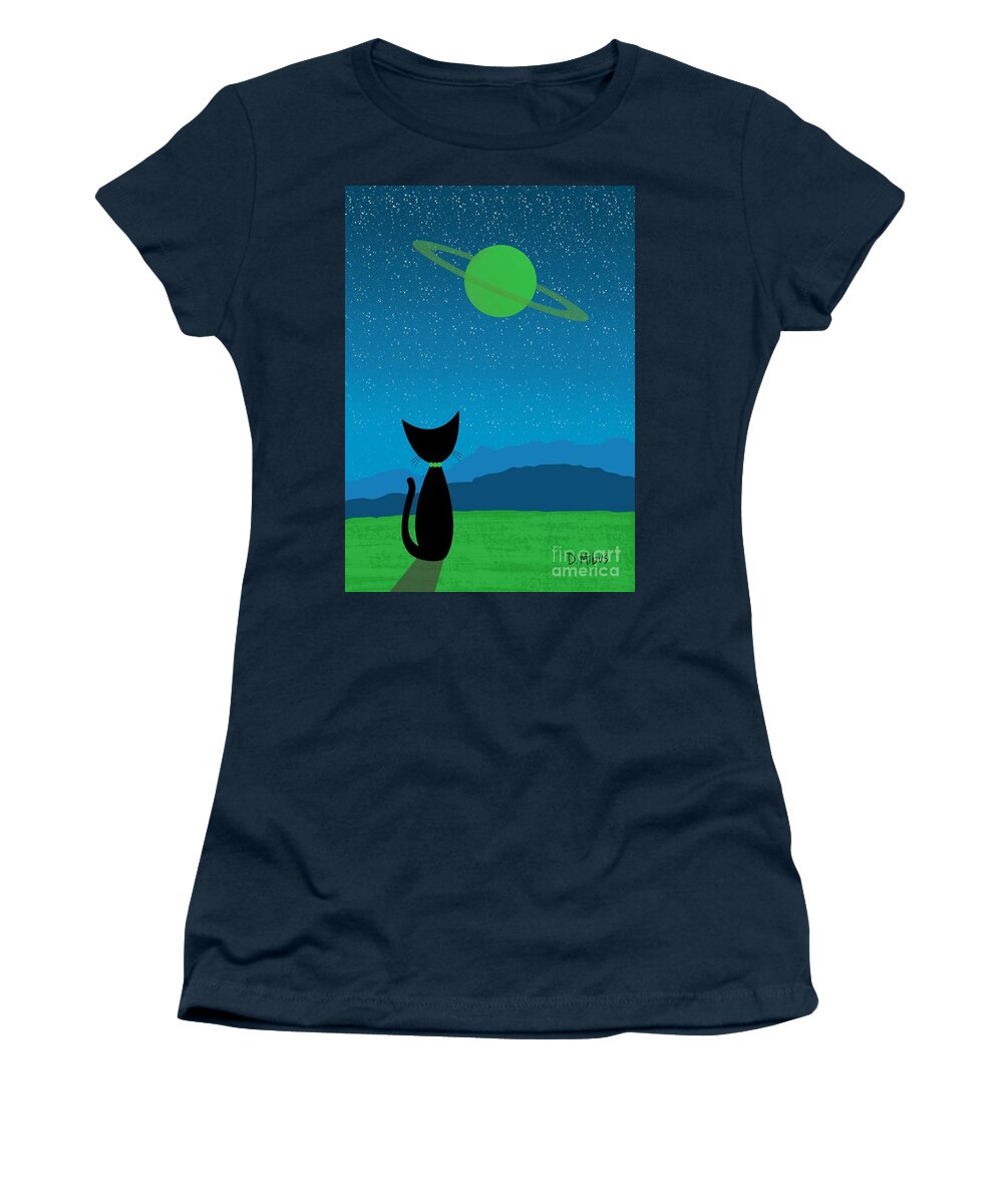  Women's T-Shirt featuring the digital art Outer Space Cat Admires Ringed Planet 3 by Donna Mibus