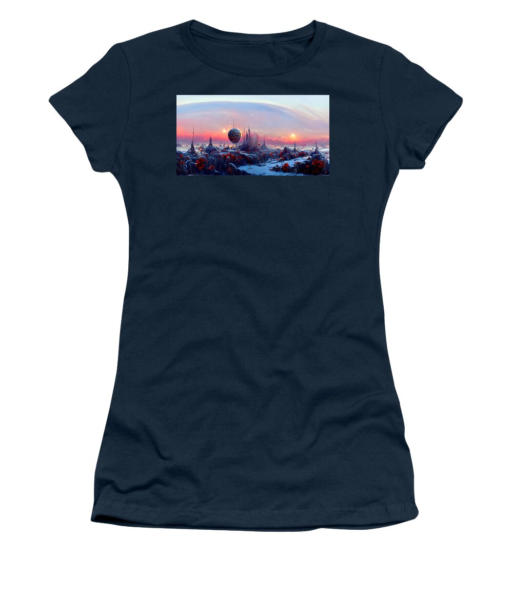 Hyper Detailed Digital Matte Painting Women's T-Shirt featuring the digital art Outer Space Sunset by Frederick Butt