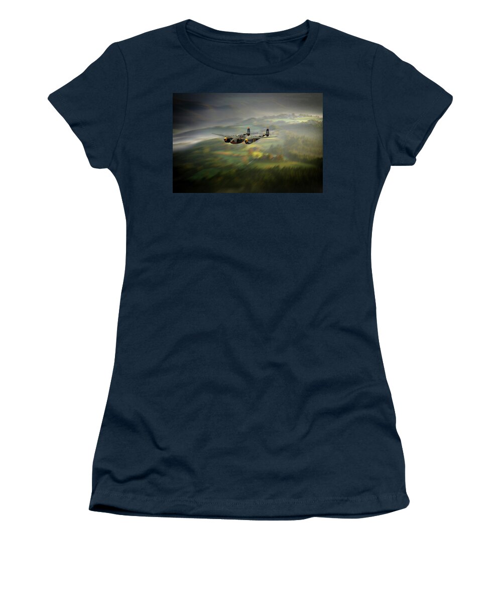 P-38 Lightning Women's T-Shirt featuring the digital art P38 Lightning Run In by Airpower Art