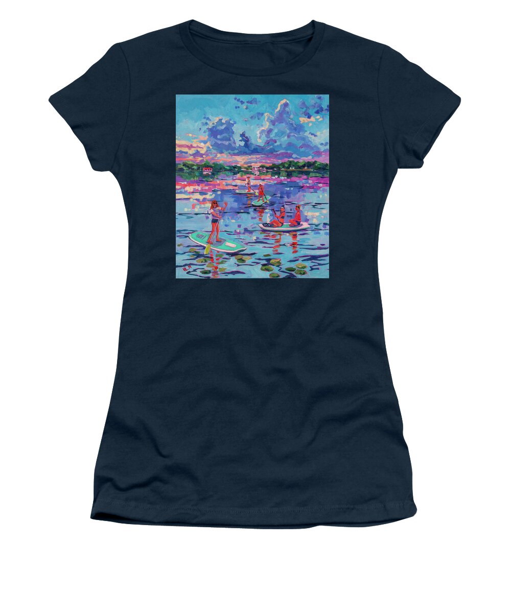 Paddle Boarding Women's T-Shirt featuring the painting Paddle boarding at Sunset by Heather Nagy