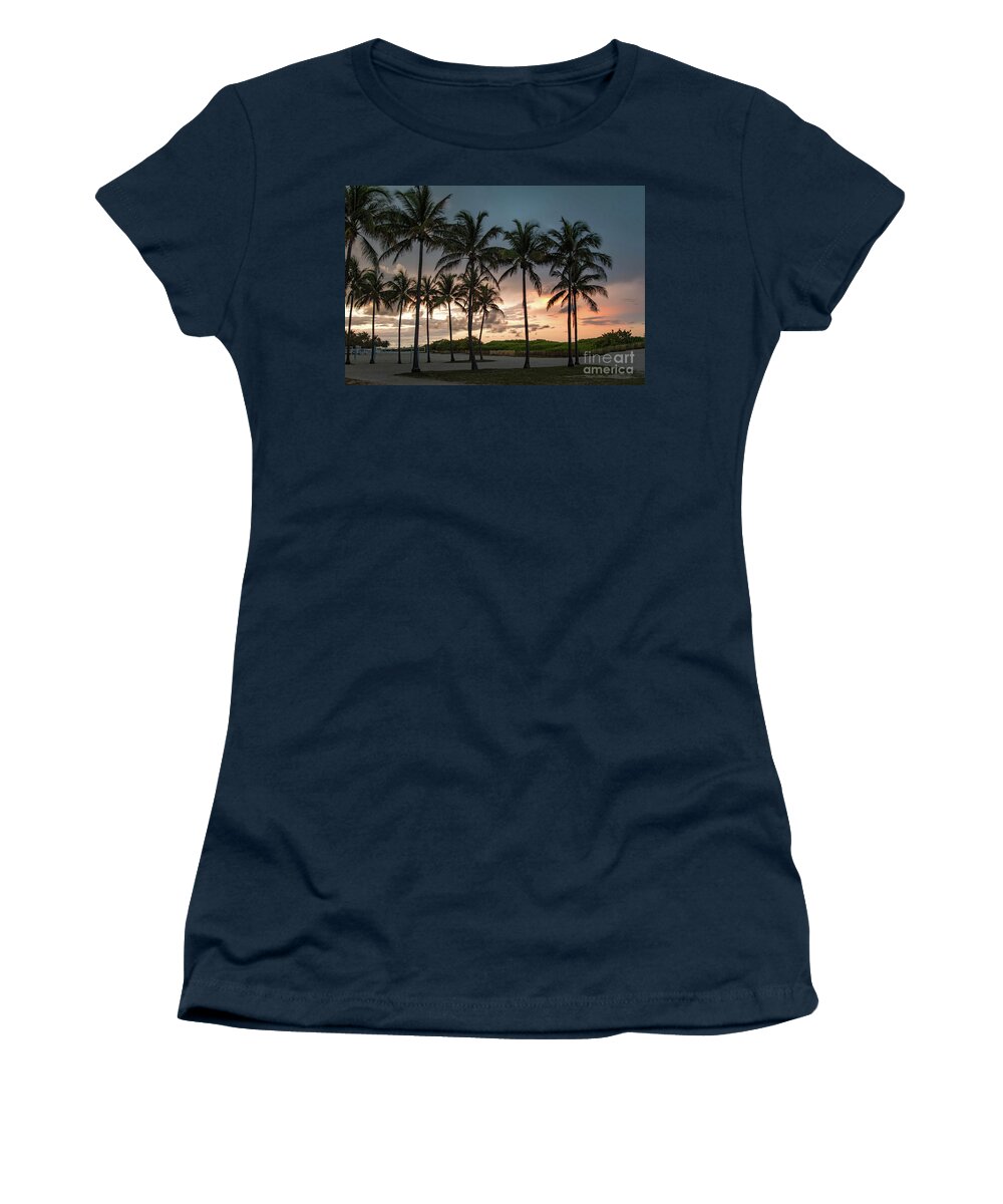 Sunset Women's T-Shirt featuring the photograph Palm Tree Sunset, South Beach, Miami, Florida by Beachtown Views