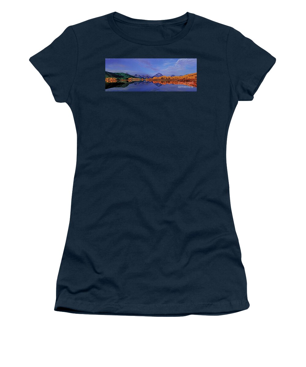 Dave Wellling Women's T-Shirt featuring the photograph Panorama Fall Morning Oxbow Bend Grand Tetons by Dave Welling