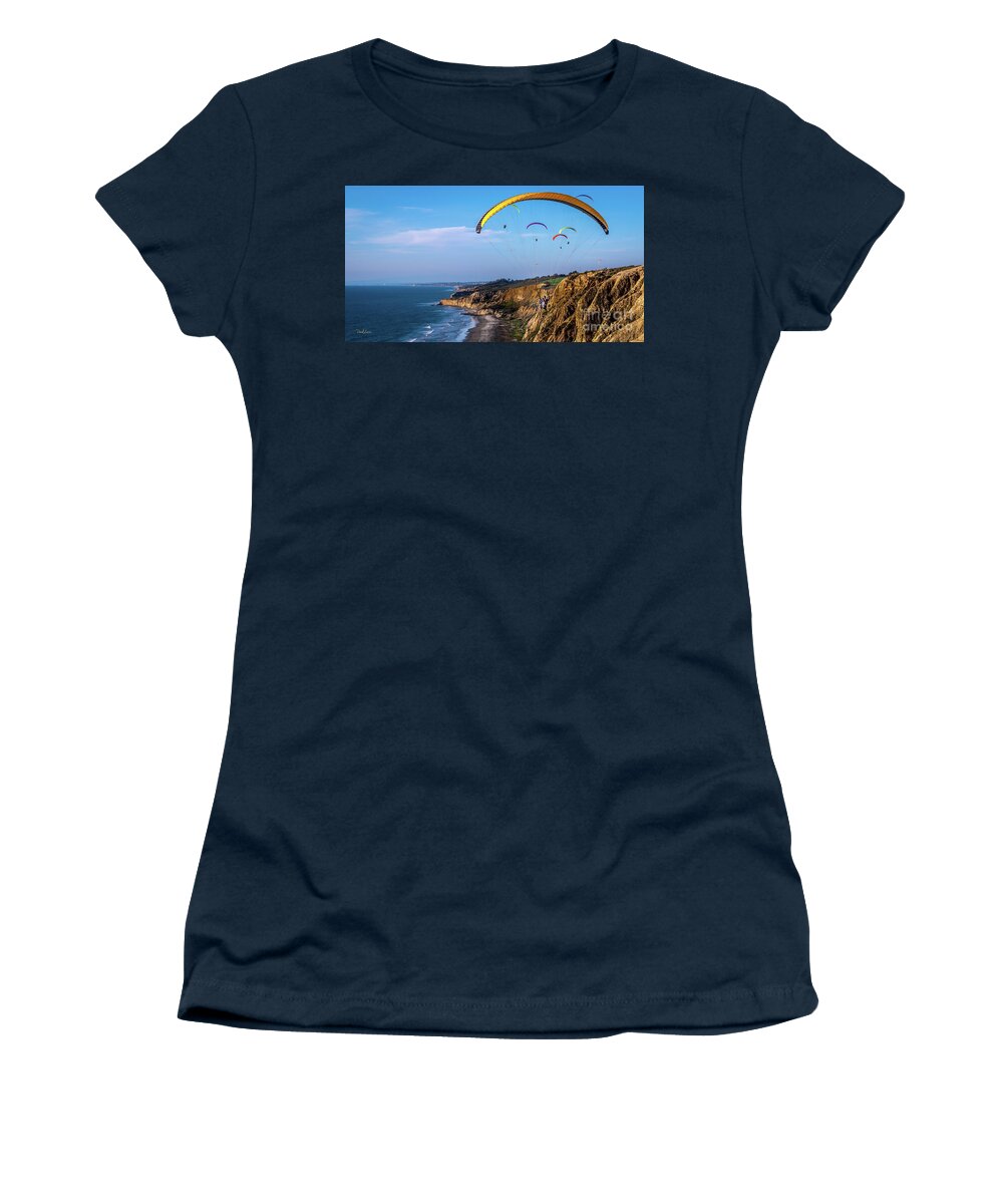 Beach Women's T-Shirt featuring the photograph Paragliders Flying Over Torrey Pines by David Levin