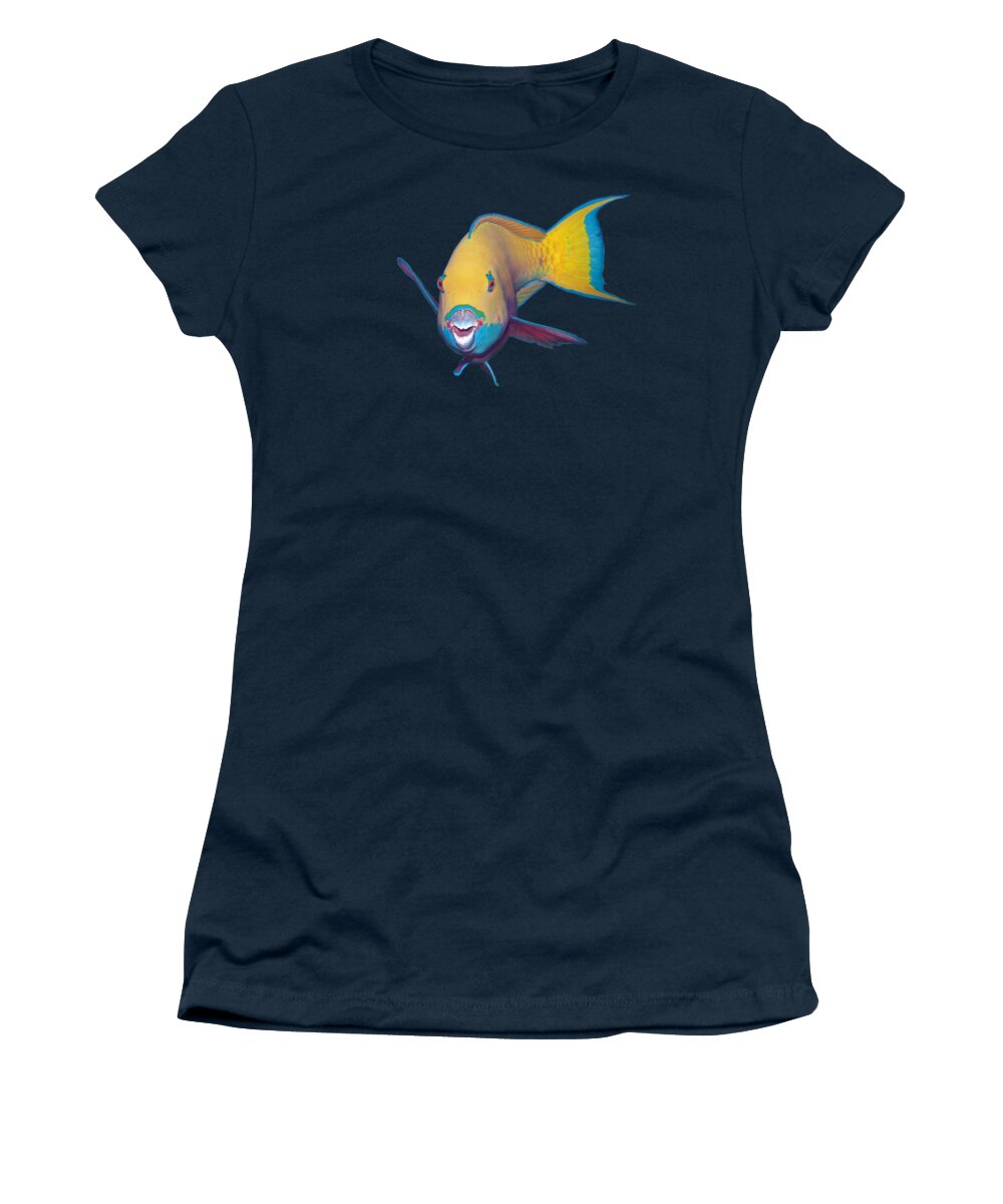 Heavybeak Parrotfish Women's T-Shirt featuring the mixed media Parrotfish - Eye catching make up on dark background - by Ute Niemann