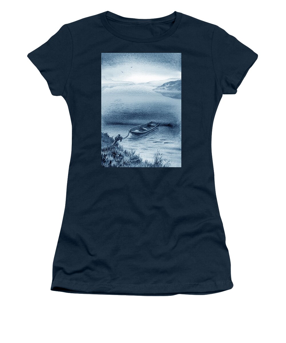 Peaceful Women's T-Shirt featuring the painting Peaceful Blue Lake Serene Still Water And Boat by Irina Sztukowski