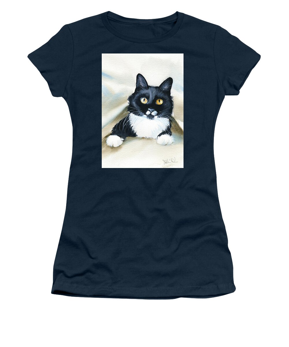 Cat Women's T-Shirt featuring the painting Peekaboo Tuxedo Cat Painting by Dora Hathazi Mendes