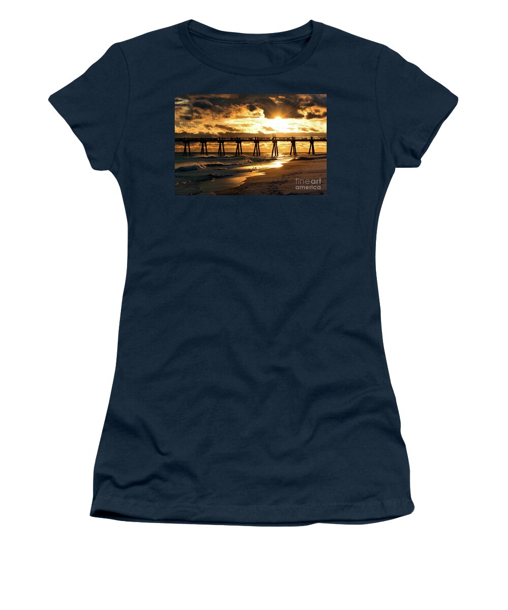 Sun Women's T-Shirt featuring the photograph Pensacola Beach Fishing Pier at Sunset by Beachtown Views