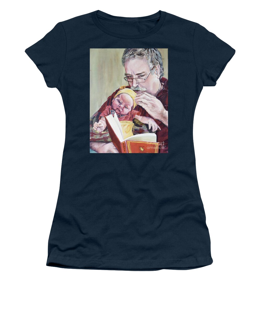 Grandfather Women's T-Shirt featuring the painting Pepere reads Pooh by Merana Cadorette