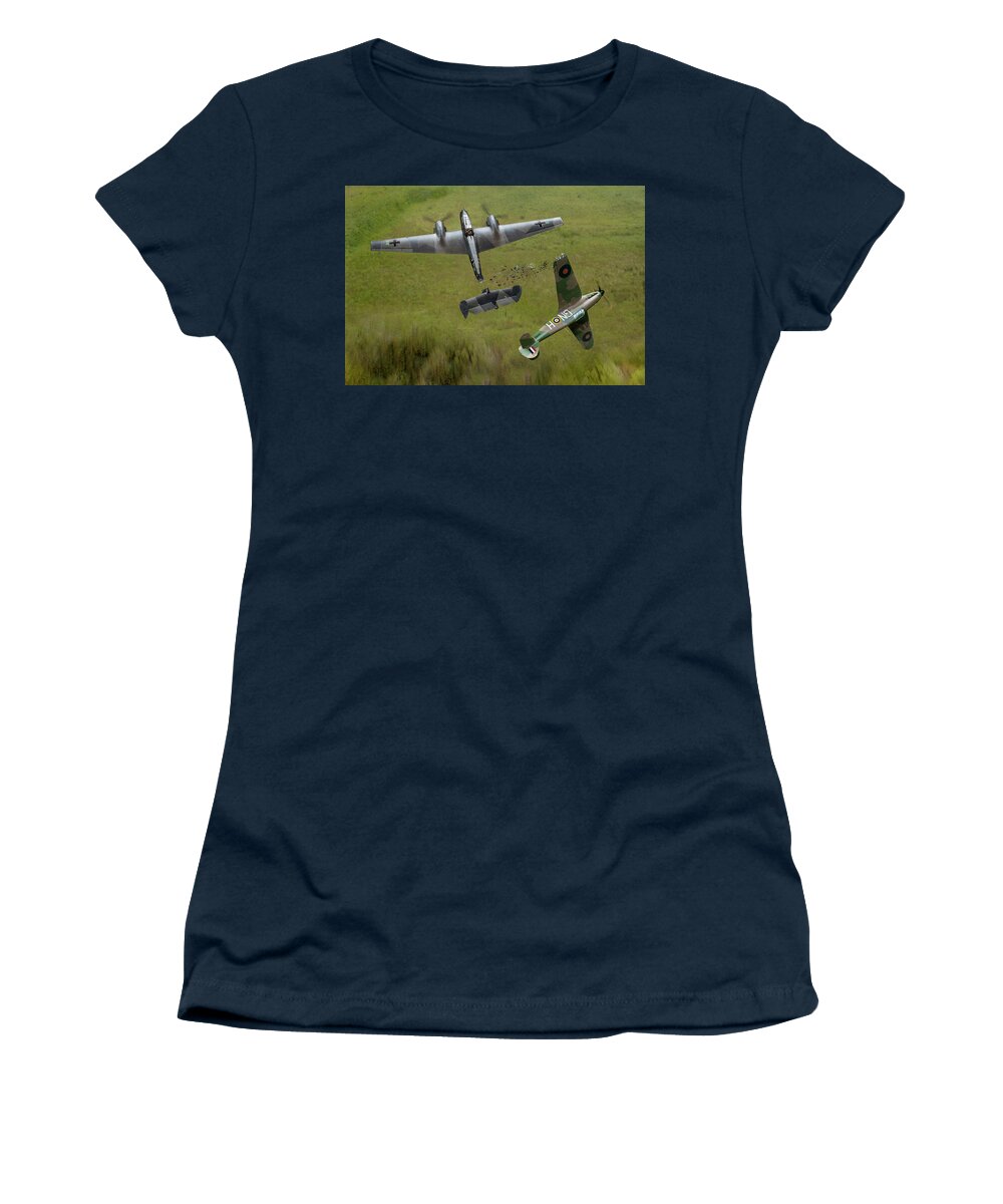 249 Squadron Women's T-Shirt featuring the photograph Percy Burton Hurricane ramming Bf110 by Gary Eason