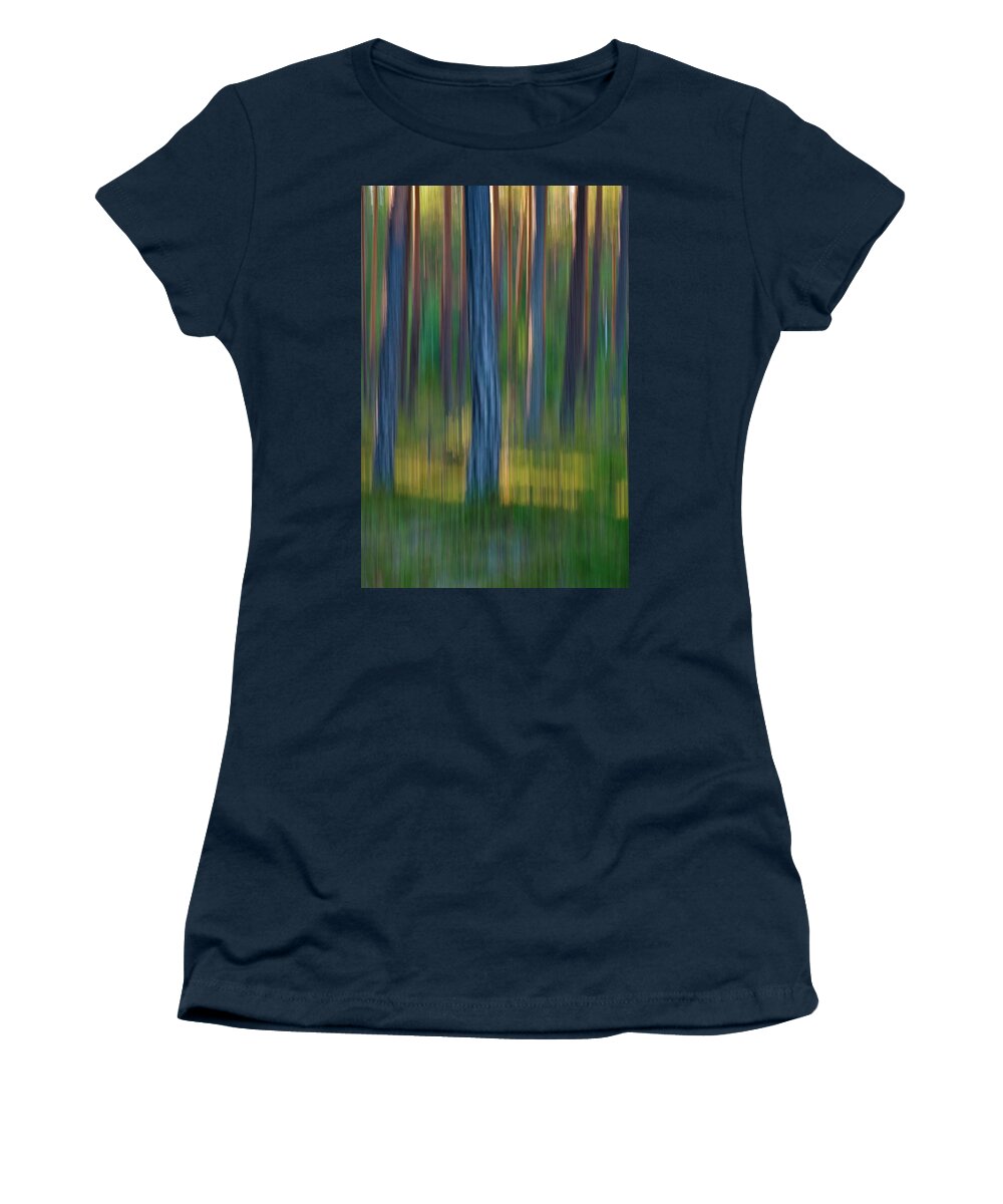 Pinus Women's T-Shirt featuring the photograph Pine trunks in summer - motion blur by Ulrich Kunst And Bettina Scheidulin
