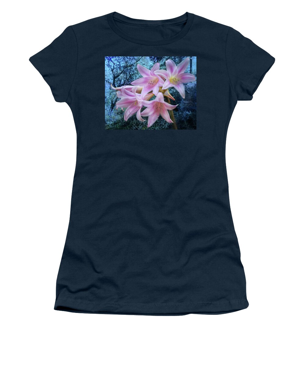 Pink Day-lilies Women's T-Shirt featuring the photograph Pink Fluted Flowers From the Garden Before the Fall by Belinda Greb