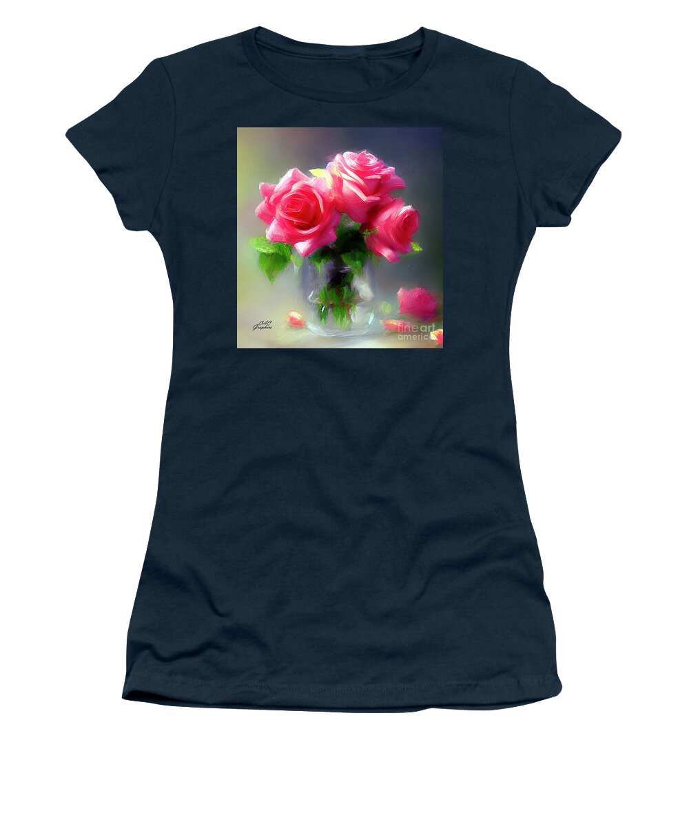 Roses Women's T-Shirt featuring the painting Pink Roses In Mason Jar by CAC Graphics