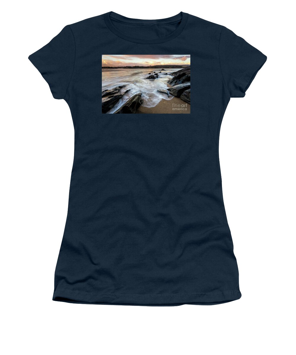 Colorful Women's T-Shirt featuring the photograph Pink Sky over Centrona Cove Long Exposure at Ares Estuary Pontedeume Galicia by Pablo Avanzini