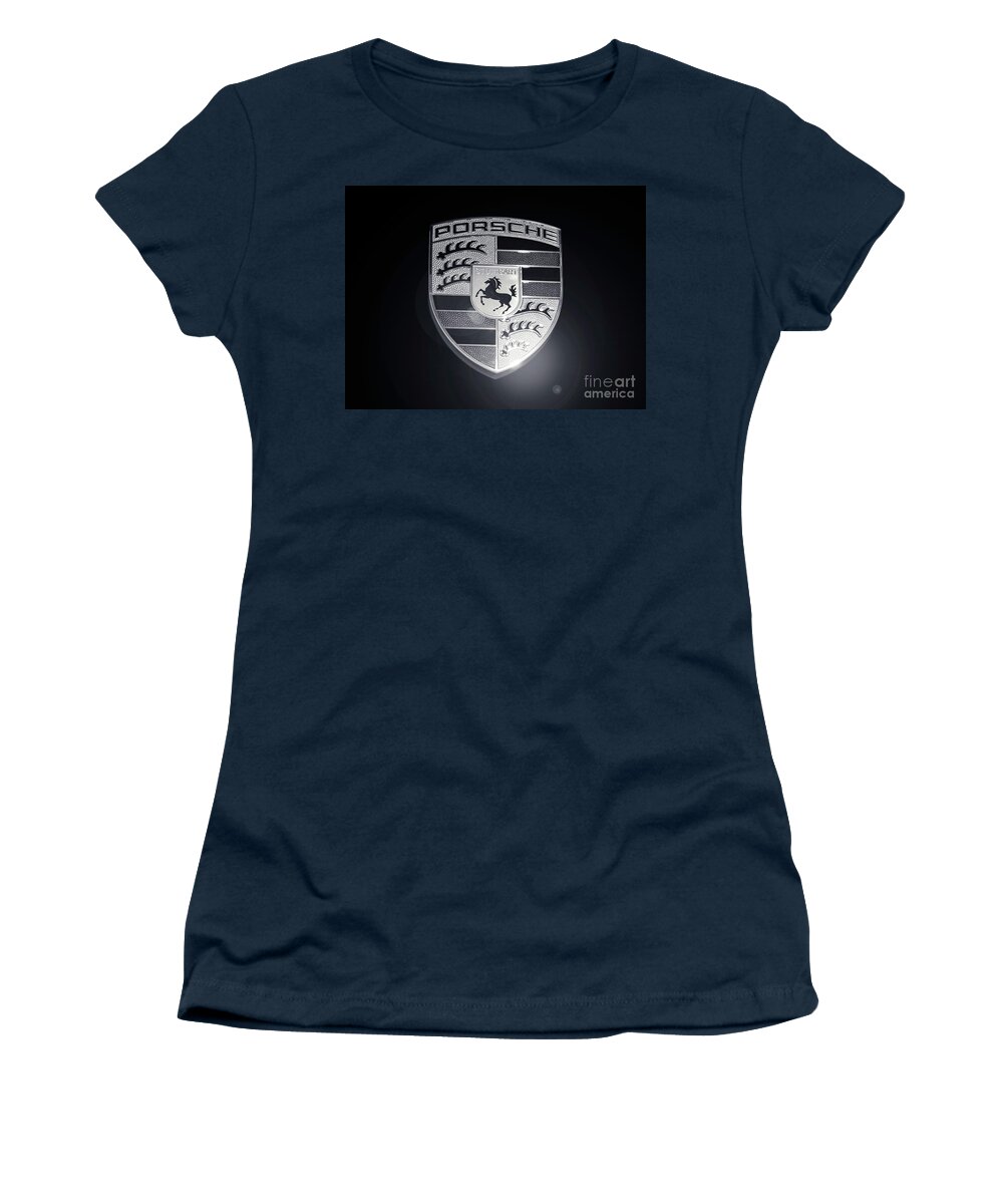 Porsche Women's T-Shirt featuring the photograph Porsche Car Emblem isolated BW by Stefano Senise