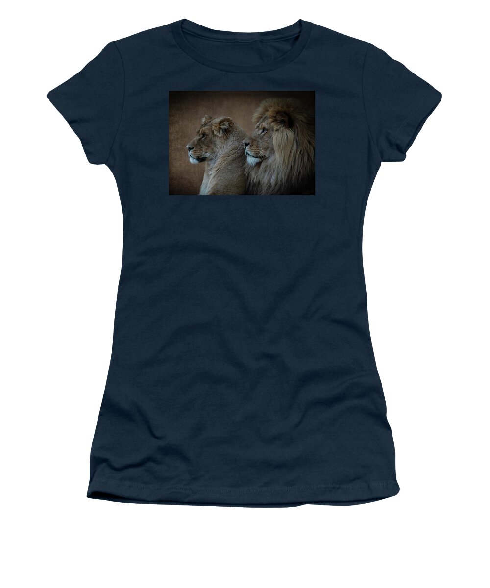 Lions Women's T-Shirt featuring the digital art Portrait lion and lioness in brown by Marjolein Van Middelkoop