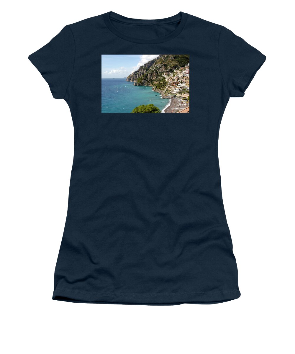  Positano Women's T-Shirt featuring the photograph Positano on the Amalfi coastline with crystal blue ocean views by Gunther Allen