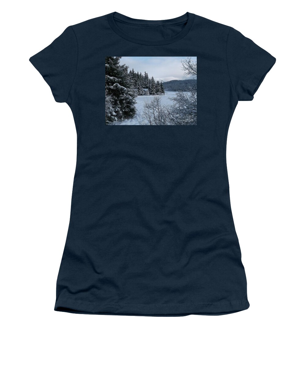 #alaska #juneau #ak #cruise #tours #vacation #peaceful #aukelake #snow #winter #cold #postcard #morning #dawn Women's T-Shirt featuring the photograph Postcard-esque by Charles Vice