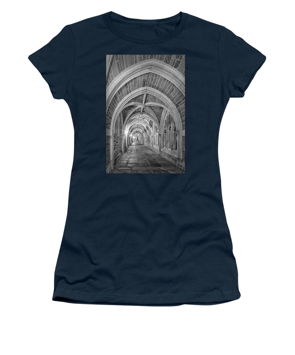 Princeton University Women's T-Shirt featuring the photograph Princeton University Hallway Evening BW by Susan Candelario
