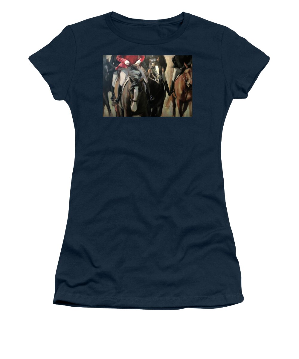 Horse Horses Foxhunt Animals Equestrian Oil Painting Contemporary Women's T-Shirt featuring the painting Pulling on the rein by Susan Bradbury