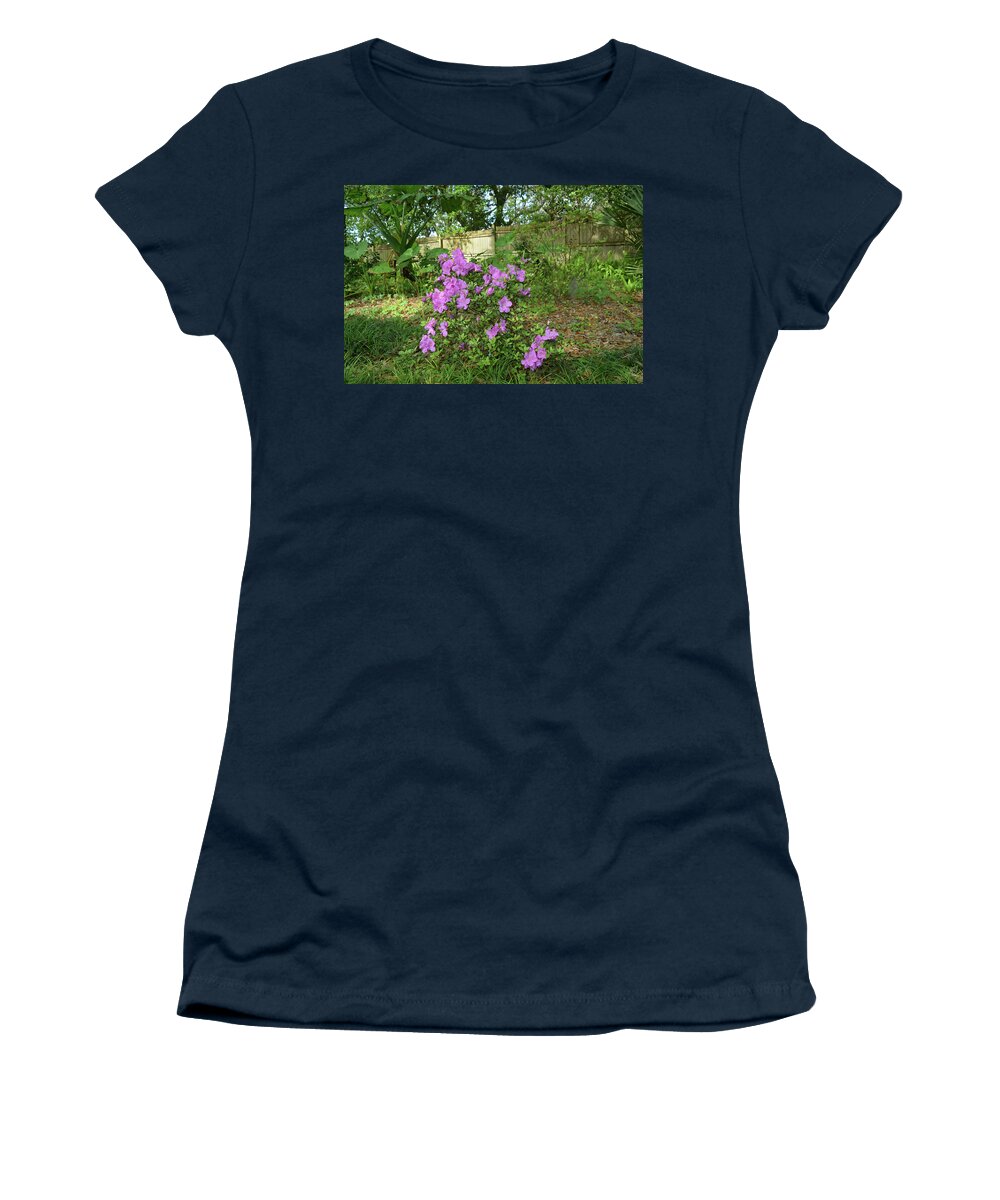 Azalea Women's T-Shirt featuring the photograph Purple Azaleas and Elephant Ears by Aimee L Maher ALM GALLERY