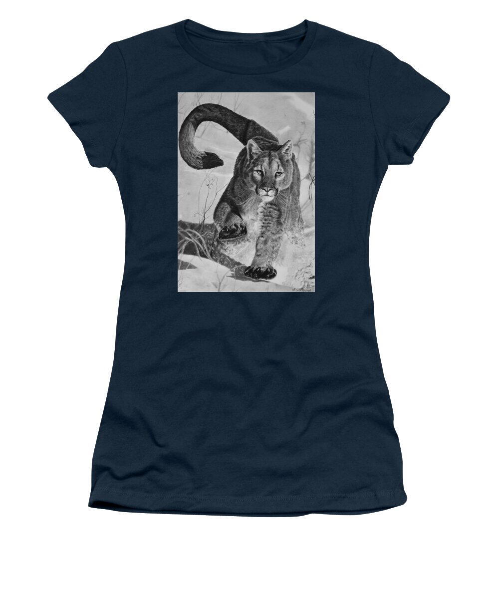 Mountain Lion Women's T-Shirt featuring the drawing Pursuit by Greg Fox