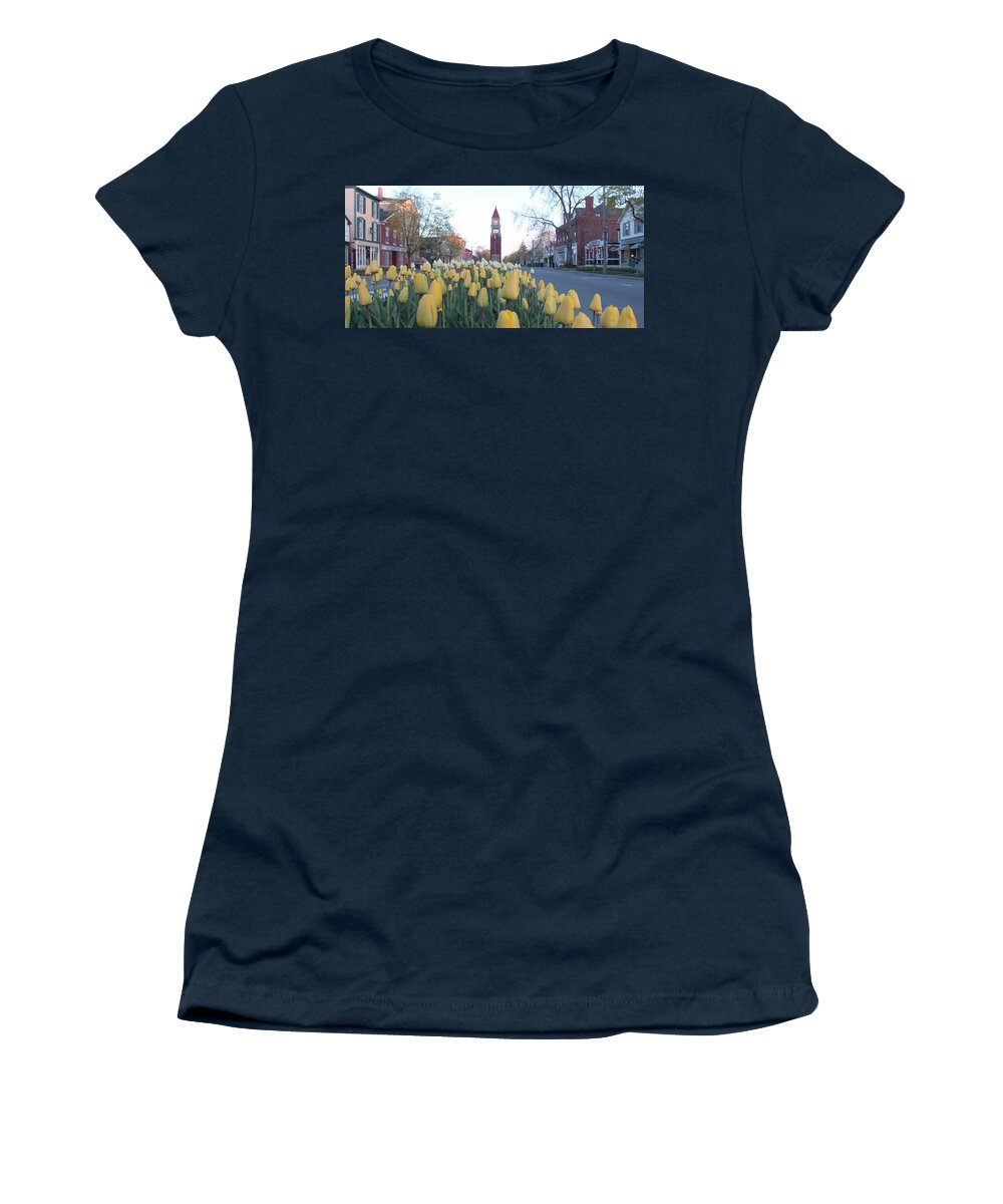 Tulips Women's T-Shirt featuring the photograph Tulip Boulevard on Queen Street in Niagara on the Lake by Kenneth Lane Smith
