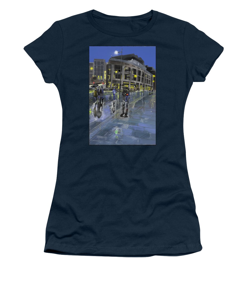#cityscape #nighttimeshot #watercolor #rebelle Women's T-Shirt featuring the digital art Rainfall on The Promenade by Rob Hartman