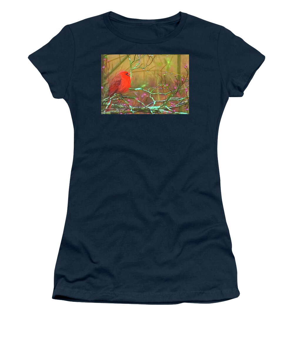 Rainy Day Cardinal Women's T-Shirt featuring the photograph Rainy Day Cardinal by Bellesouth Studio